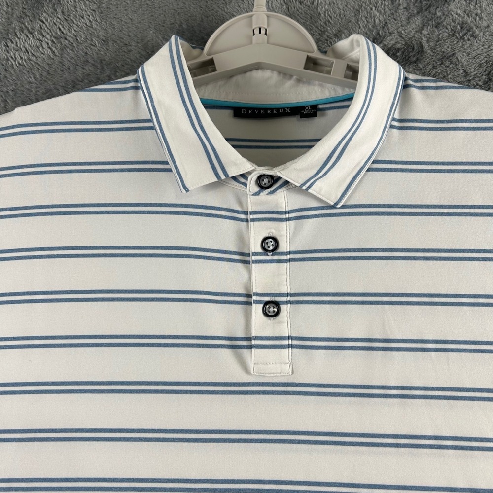 Devereux Mens XL Striped Performance Golf Polo Shirt White Blue Short Sleeve - Picture 2 of 8